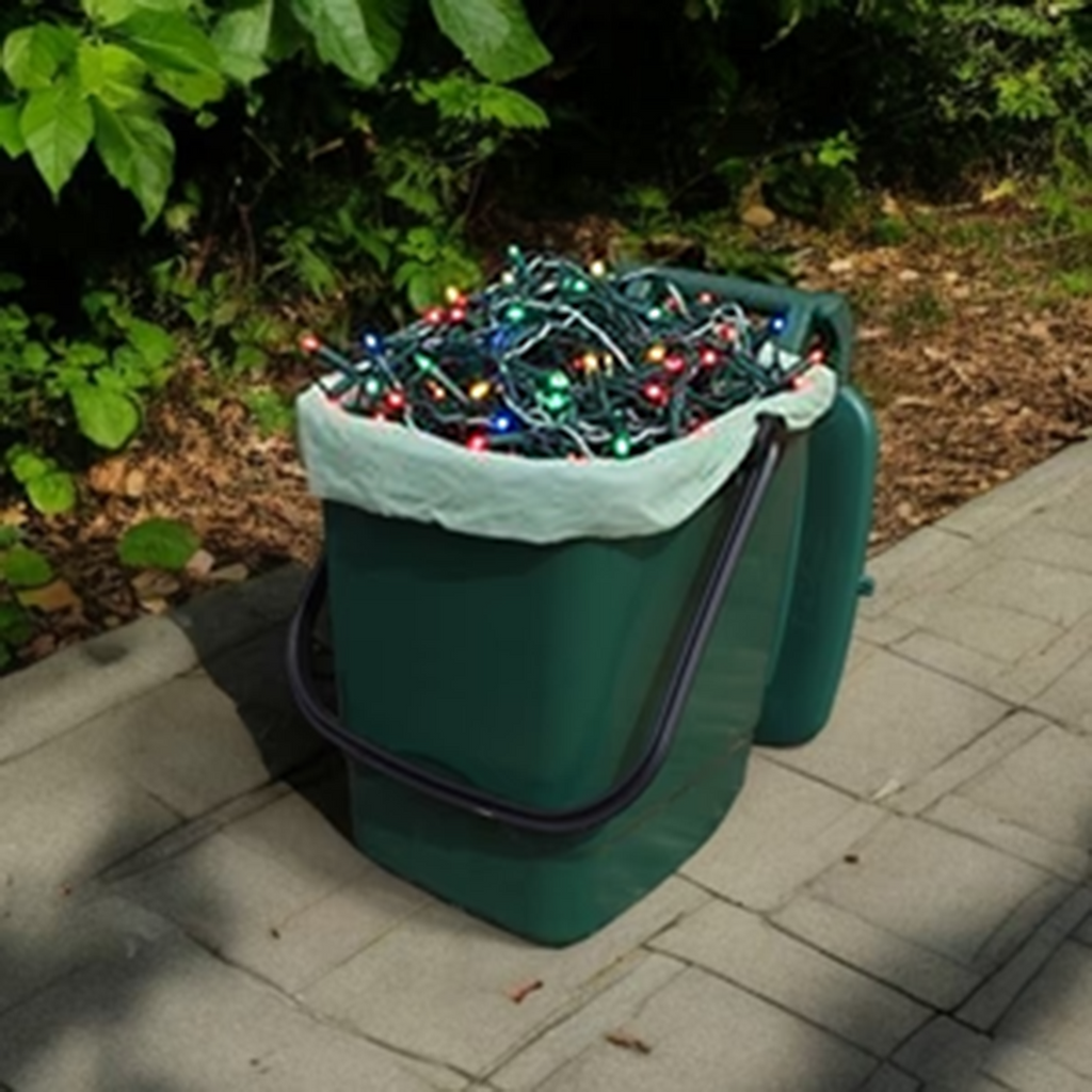 Green outdoor food waste bin holding All Green 30L caddy liner beside garden path