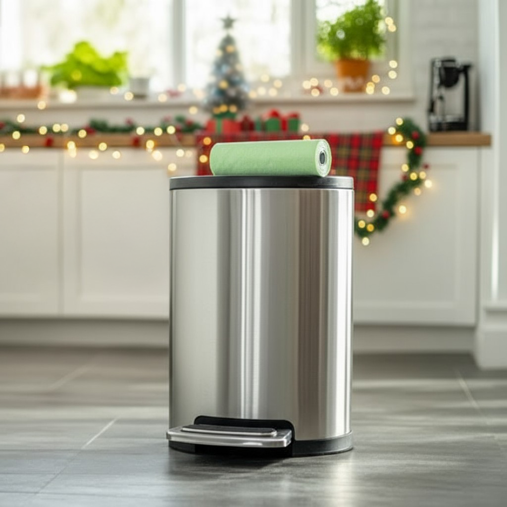 Roll of compostable kitchen food waste liners resting on silver pedal bin in kitchen