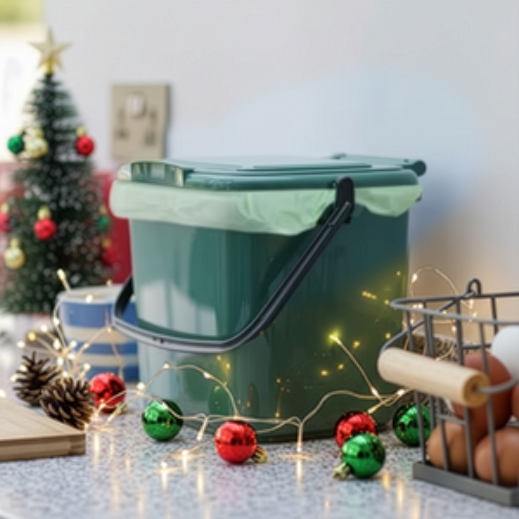 A green kitchen compost bin with a light green liner sits on a countertop decorated for Christmas, surrounded by red and green baubles, pinecones, and string lights. A small decorated Christmas tree is visible in the background.