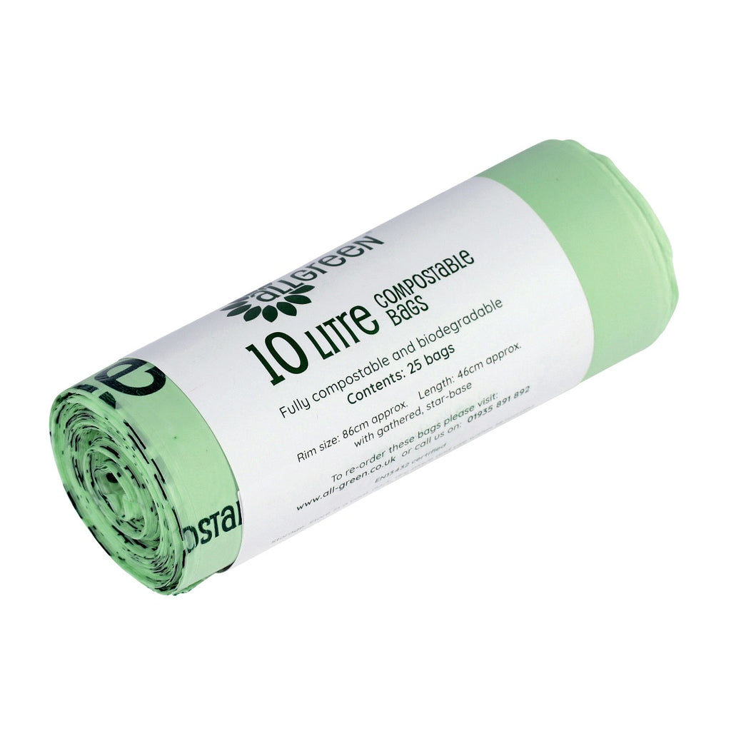 Roll of 10 litre All-Green compostable bin bags, biodegradable and EN13432 certified, perfect for large kitchen caddies.
