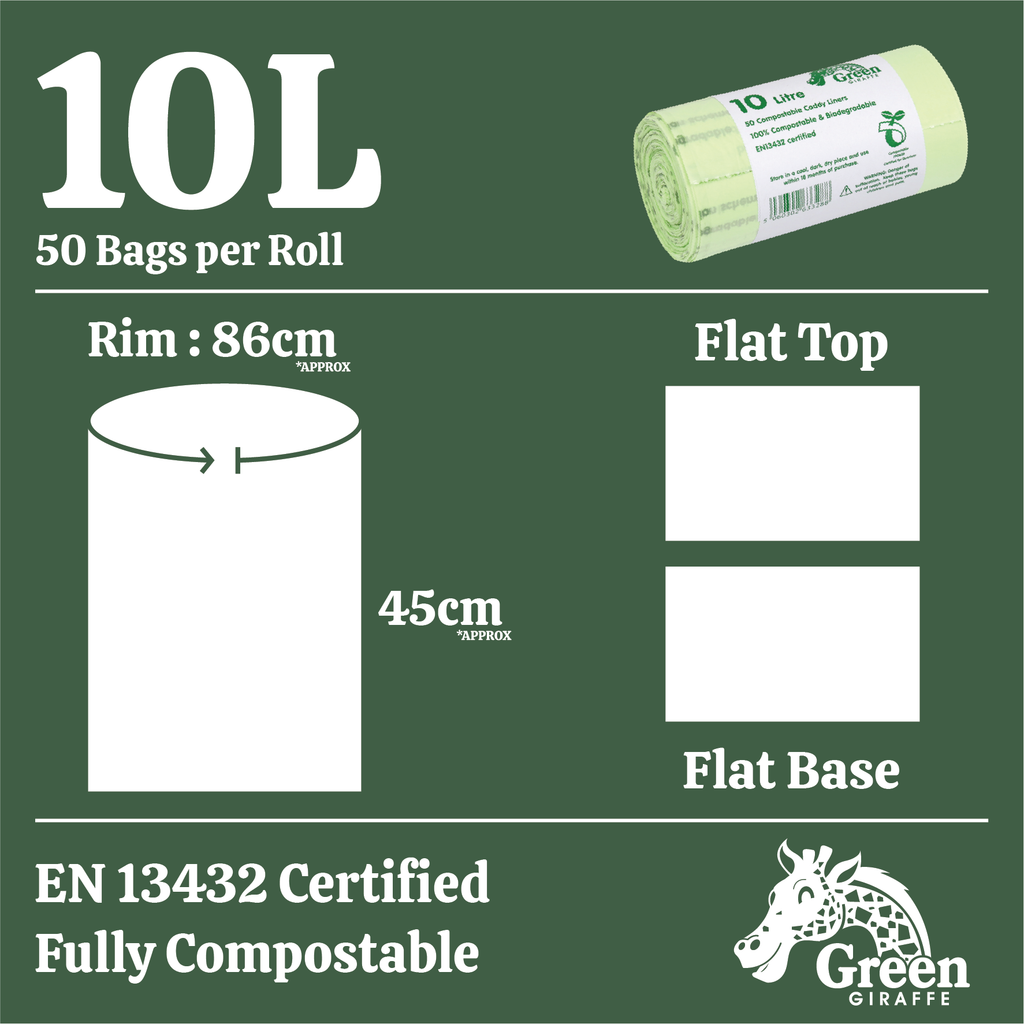 Diagram showing measurements for 10 litre compostable bin liners, flat top and base, EN13432 certified eco-friendly bags.
