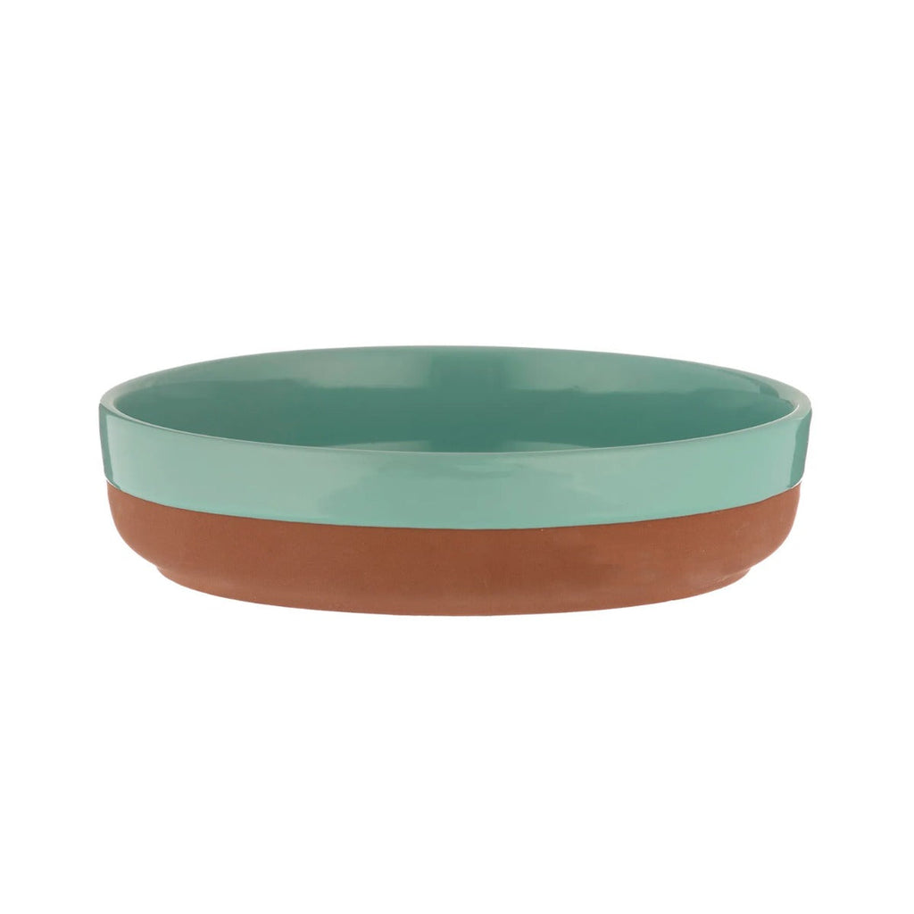 21cm round terracotta tapas dish featuring an aqua blue coloured dip glaze.