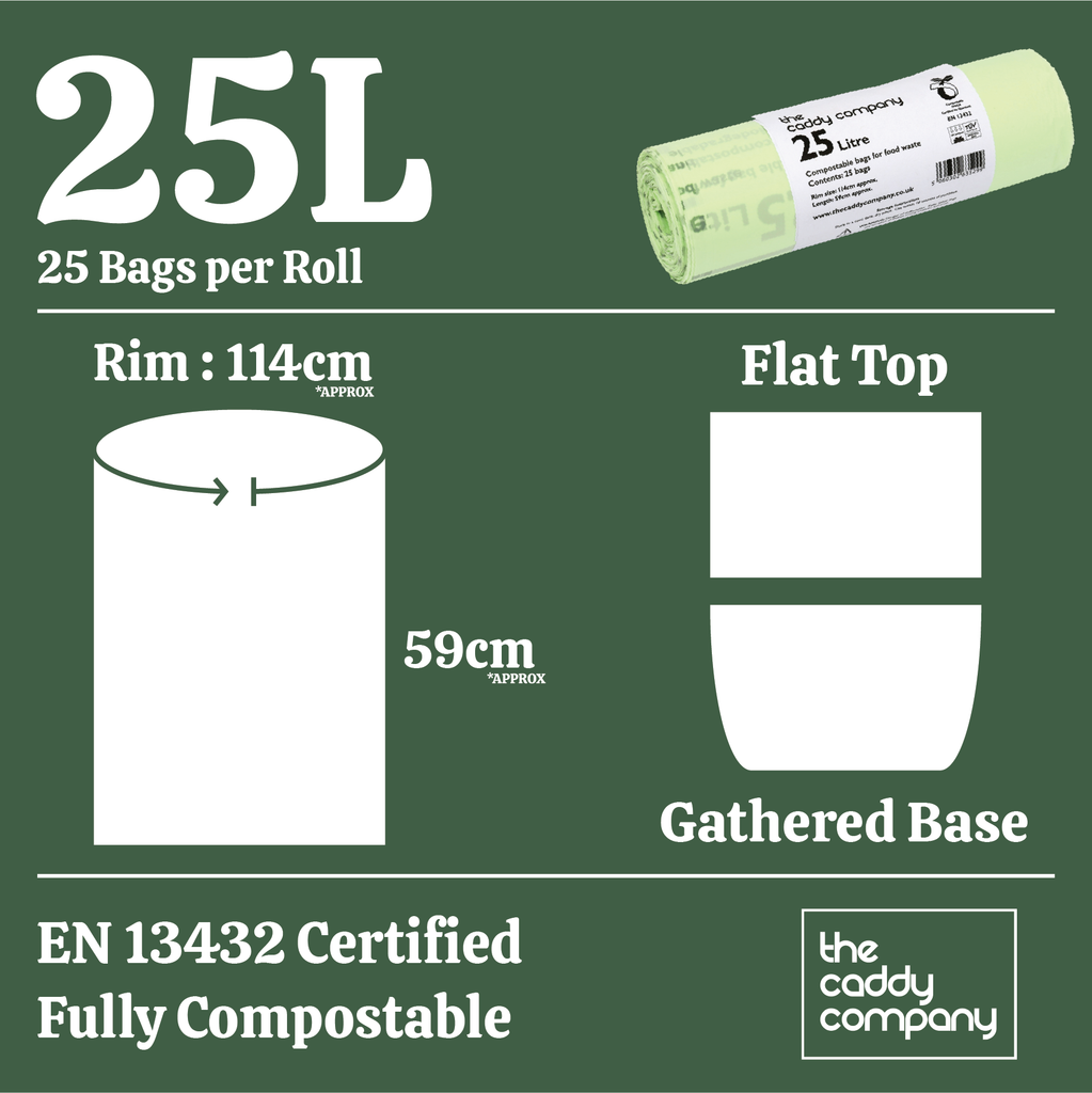 Size guide for 25 litre compostable bags showing dimensions, rim size, and gathered base design  
