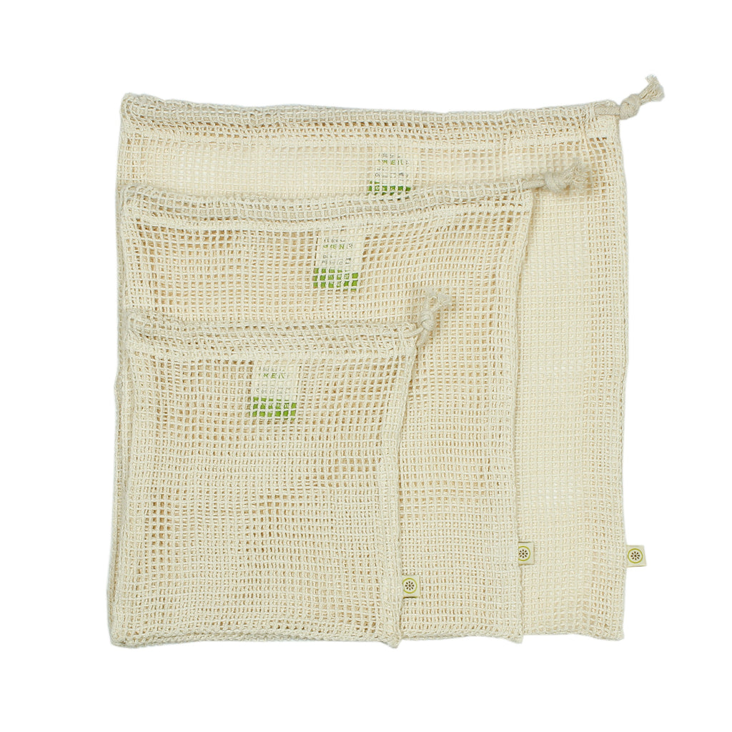 Set of three organic cotton mesh produce bags with drawstring closures, shown stacked flat by size