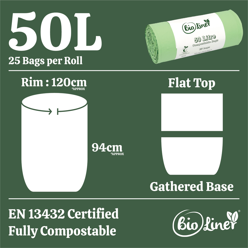 50 litre compostable bin liner with 120 cm rim, 94 cm height, flat top, gathered base, EN 13432 certified