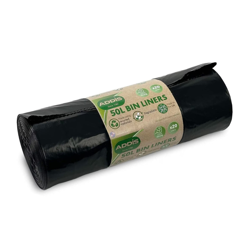 Roll of black 50L Addis bin liners with eco-friendly packaging made from recycled material