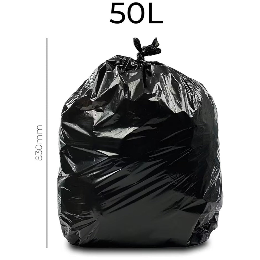 Full 50L black bin liner tied at the top, standing upright with 830mm height shown