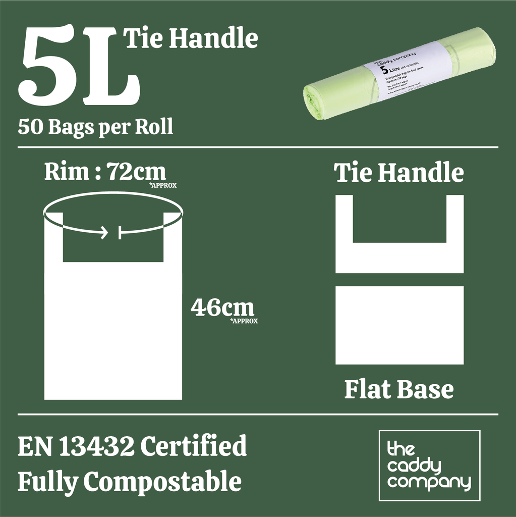Diagram showing measurements for 5 litre compost bags with tie handles, EN13432 certified and fully compostable.
