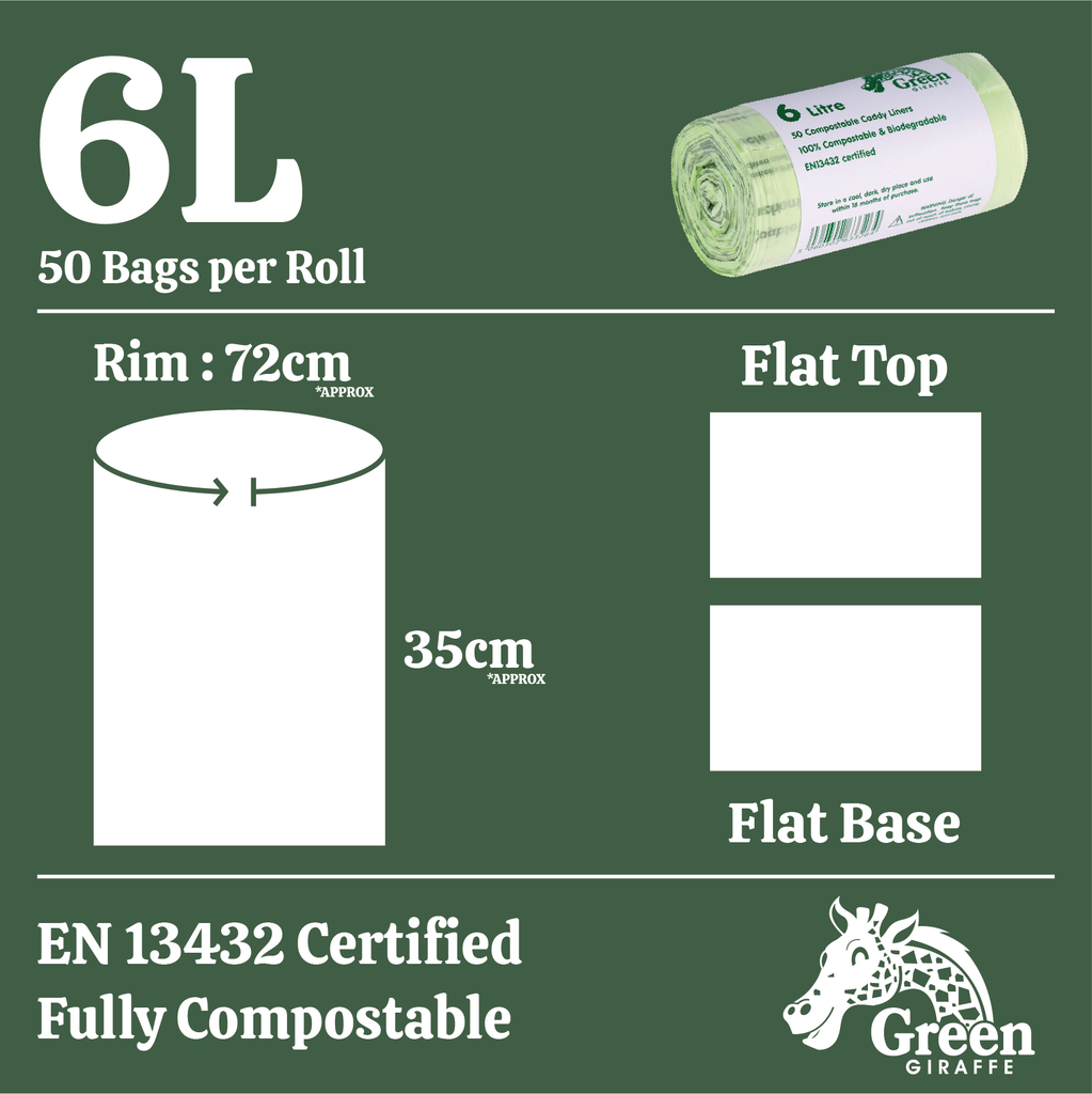 Diagram showing dimensions for 6 litre Green Giraffe compost bags, flat top and base, EN13432 certified and fully compostable.
