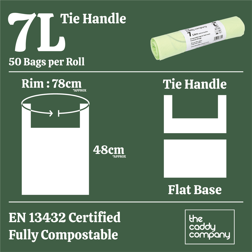 Diagram showing measurements for 7 litre compost bags with tie handles, EN13432 certified and fully compostable.

