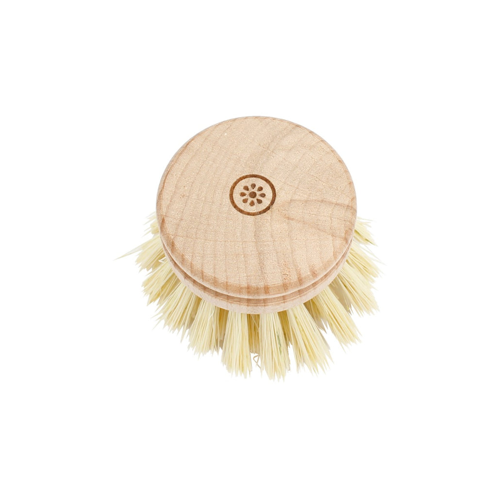 Round wooden dish brush head with natural bristles and engraved flower design on top, shown on white background