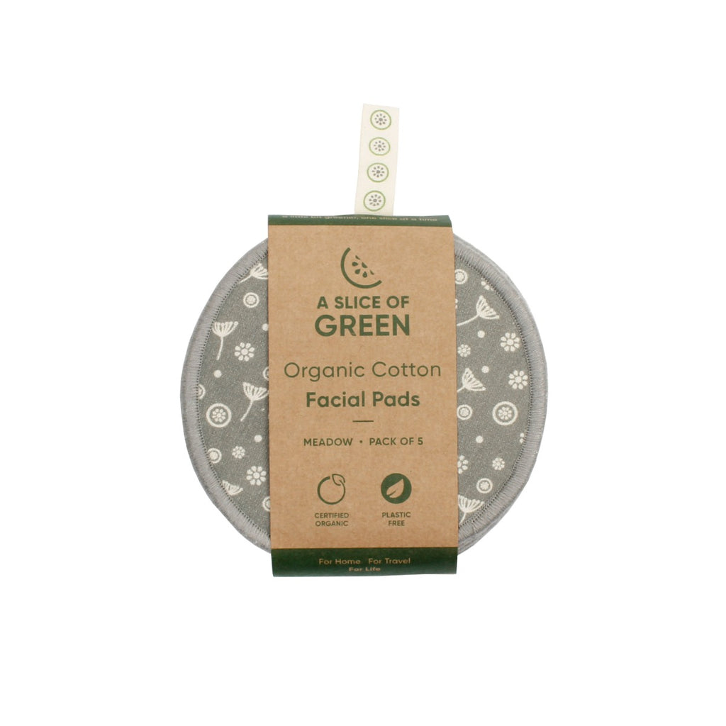 A Slice of Green pack of five organic cotton facial pads with grey floral print and kraft paper band