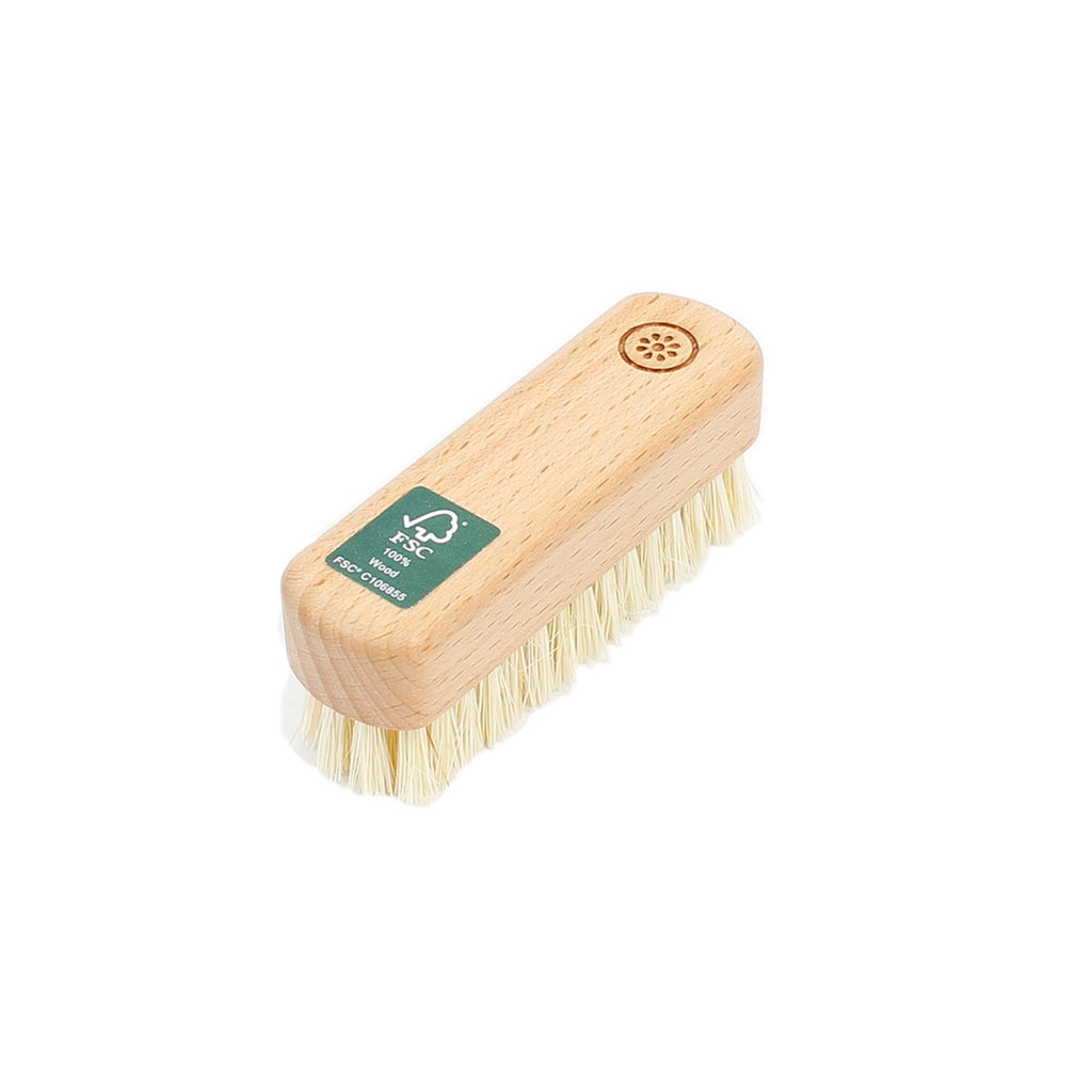 Rectangular wooden nail brush with natural bristles and FSC logo on white background