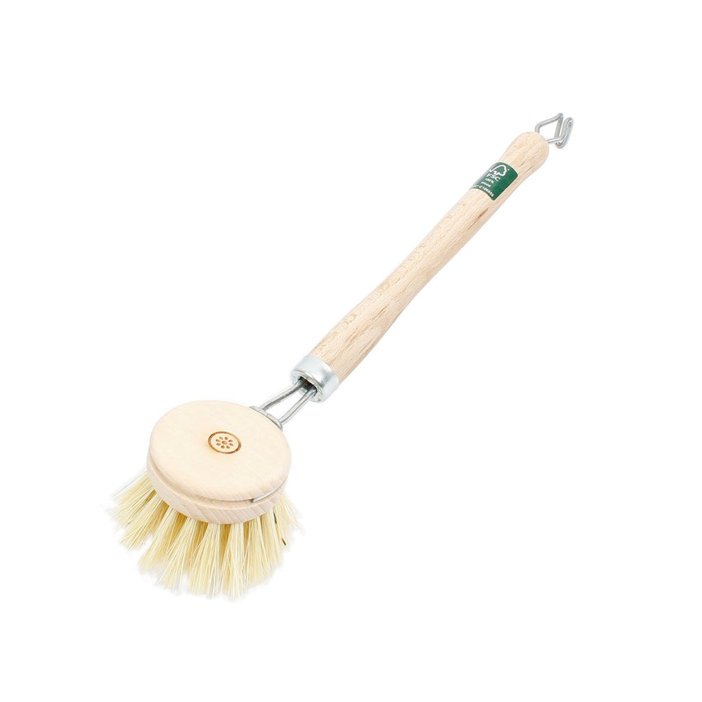 Long-handled wooden dish brush with round replaceable head, natural bristles, and metal hook