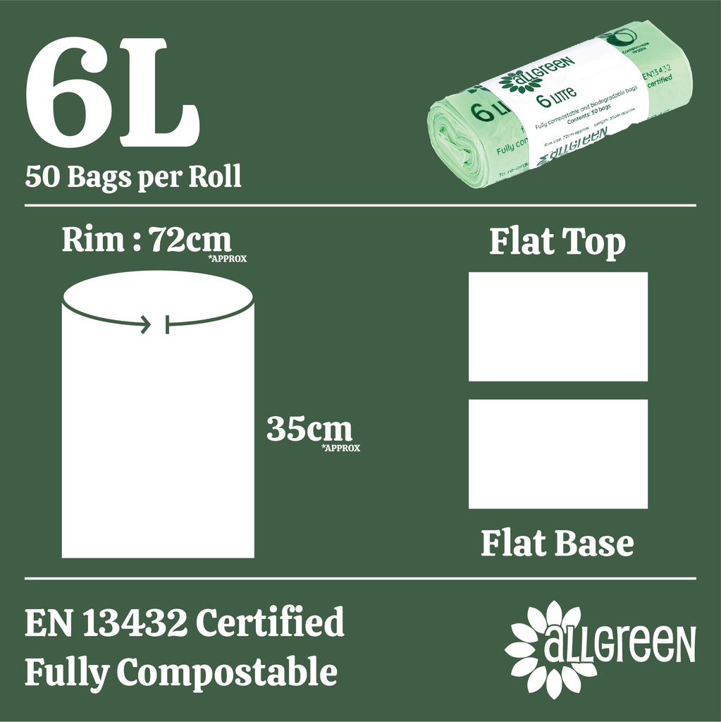 Diagram showing measurements for 6 litre compost bags, flat top and base, EN13432 certified and fully compostable.
