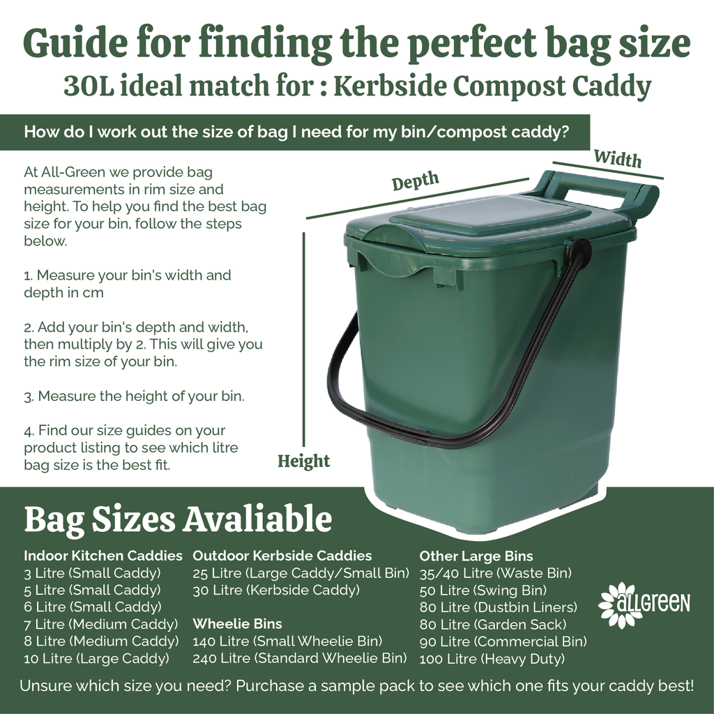 Guide showing how to measure bin for 30L compostable caddy liners