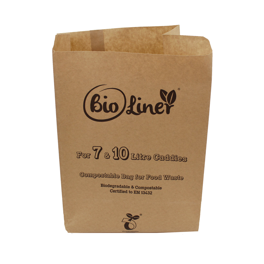 Front view of 7–10 litre BioLiner paper food waste bag, biodegradable, compostable, and EN13432 certified.  
