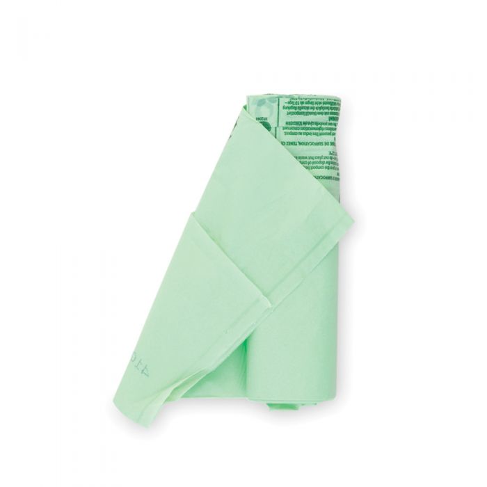 Roll of green Brabantia 10-12L compostable bags with folded edge visible