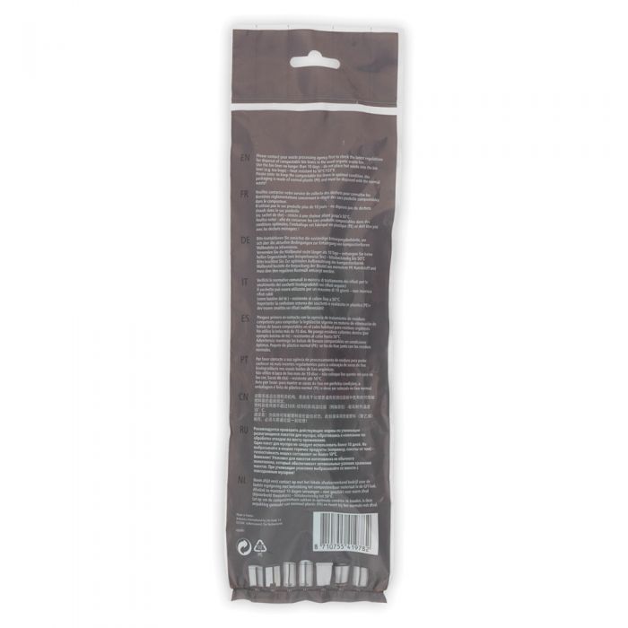Back of Brabantia 10-12L compostable bags packaging showing multilingual text and barcode