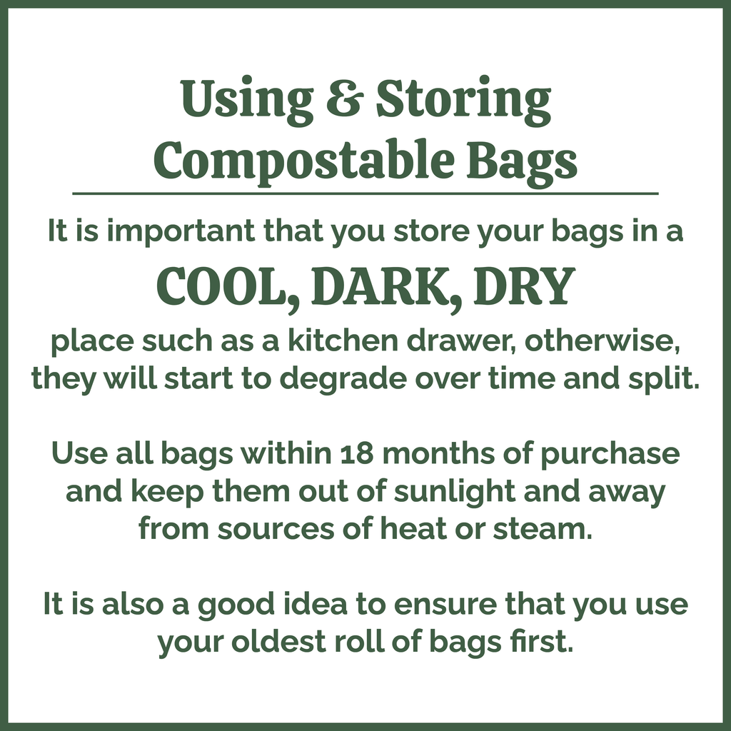 Advice on storing compostable bin liners in cool, dark, dry places to prevent early splitting and maintain durability.
