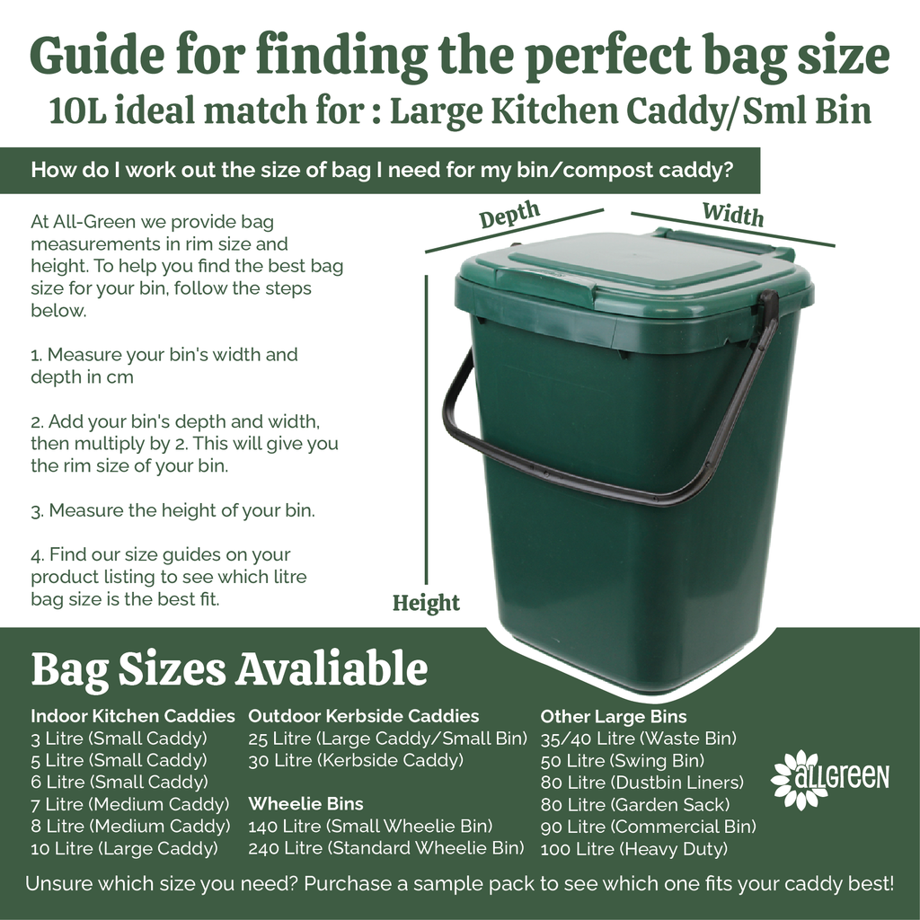 Infographic showing how to measure bins to select the right 10 litre compostable liner for large kitchen caddies or small bins.
