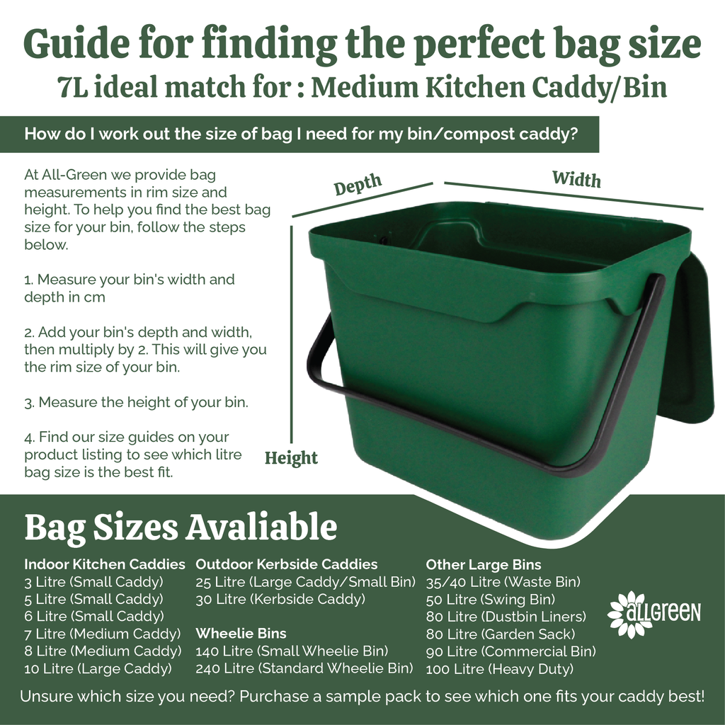 Infographic showing how to measure bins to choose correct 7 litre tie-handle caddy liner for medium indoor compost caddies.
