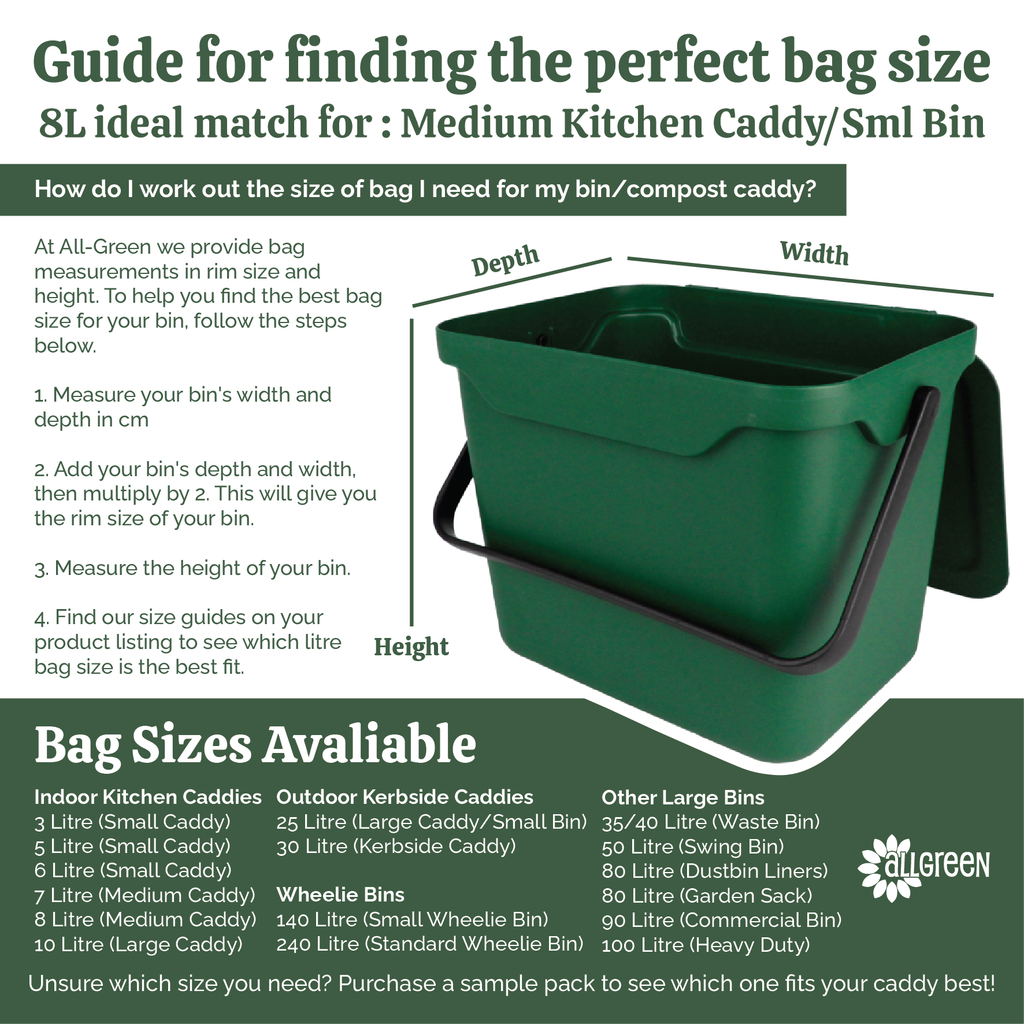 Infographic showing how to measure bins to select the right 8 litre compostable liner for medium kitchen caddies or small bins.
