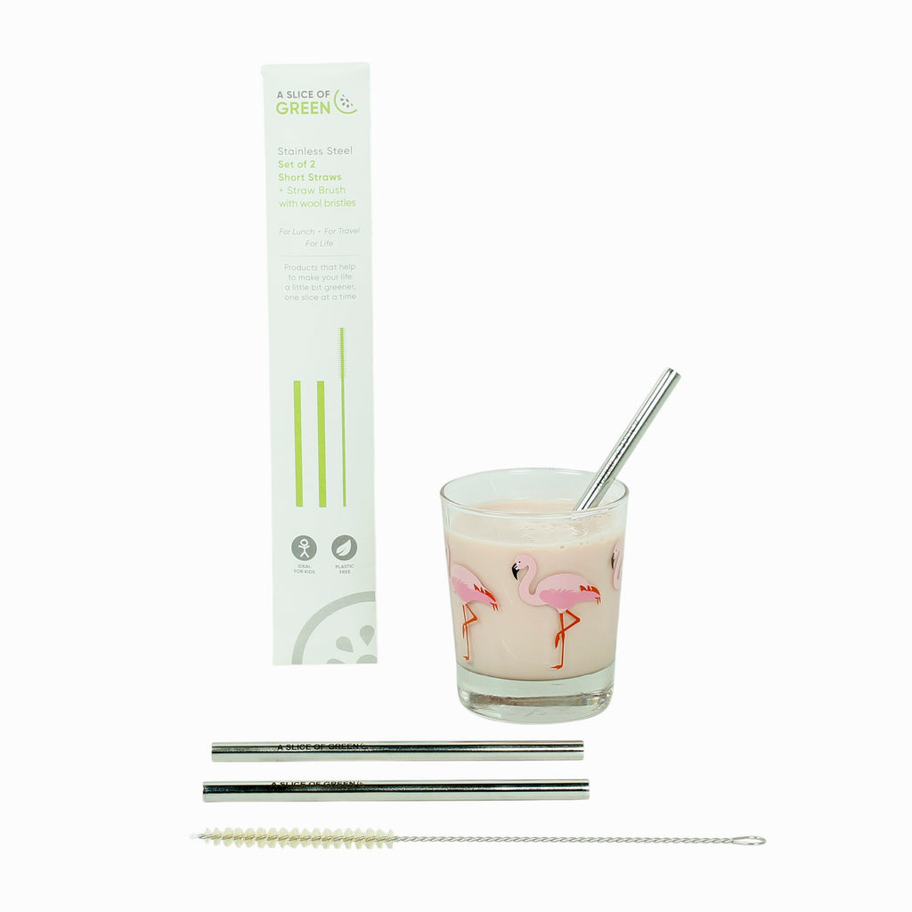 Set of two short stainless steel straws with brush, shown with flamingo glass of pink drink and eco packaging from A Slice of Green