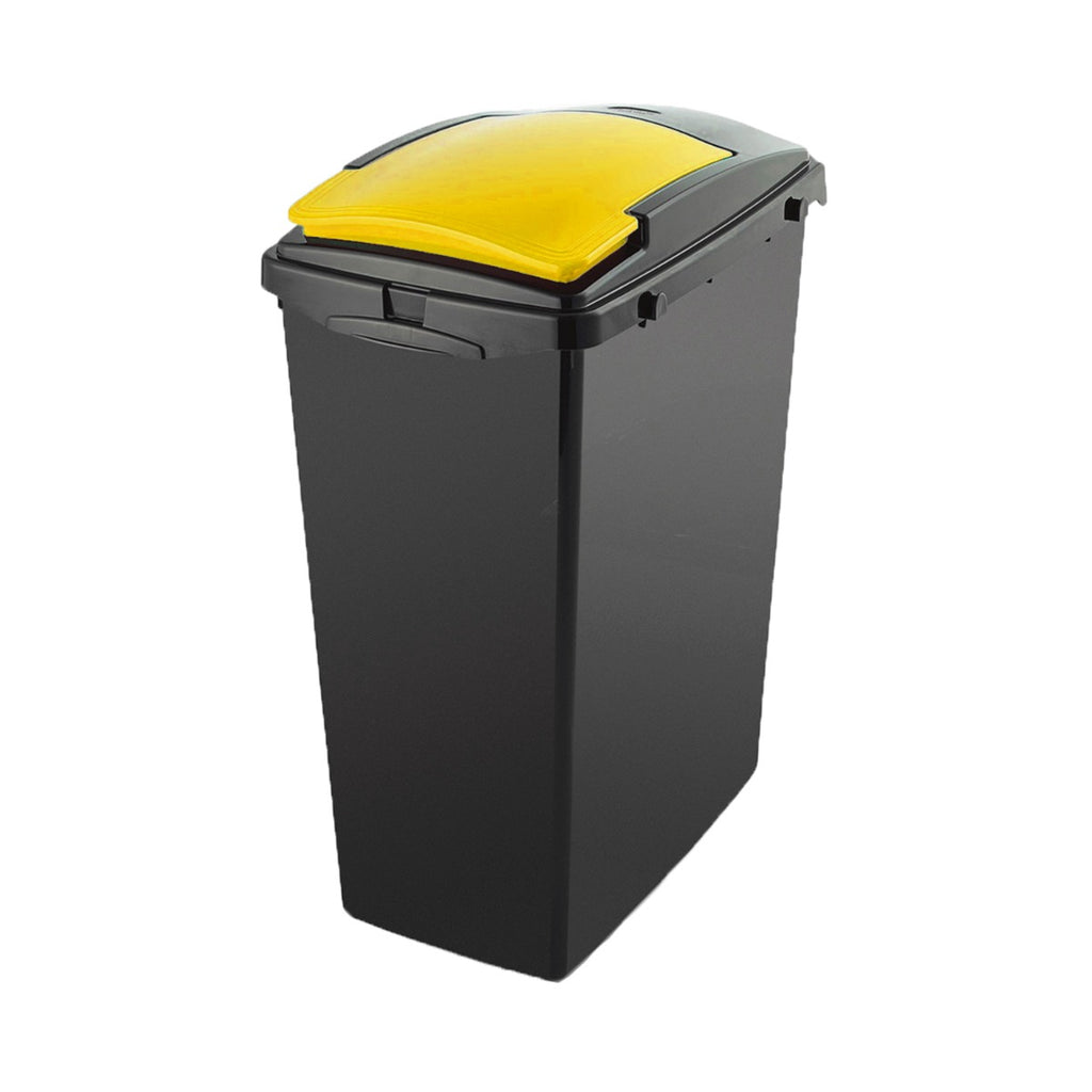 Tall black recycling bin with yellow lift-up lid for waste sorting