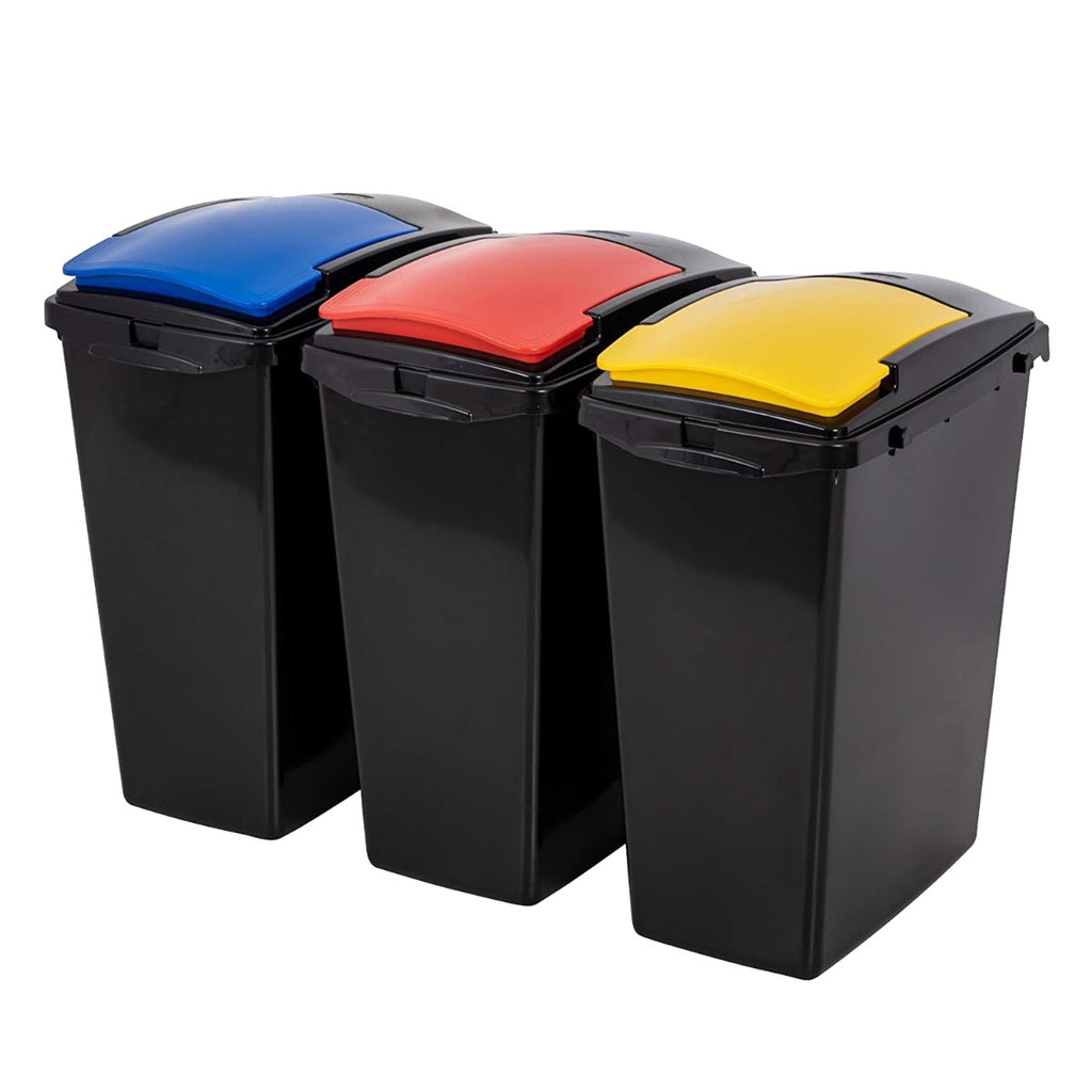 Set of three black recycling bins with coloured lids in blue, red and yellow, ideal for separating household waste types.