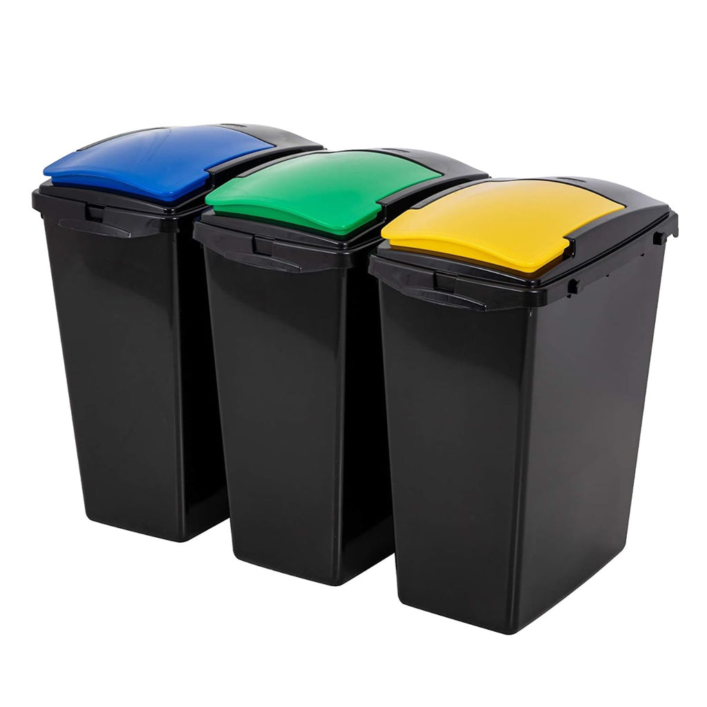 Trio of black recycling bins with blue, green and yellow lids, ideal for separating waste by colour-coded categories in the home or office.
