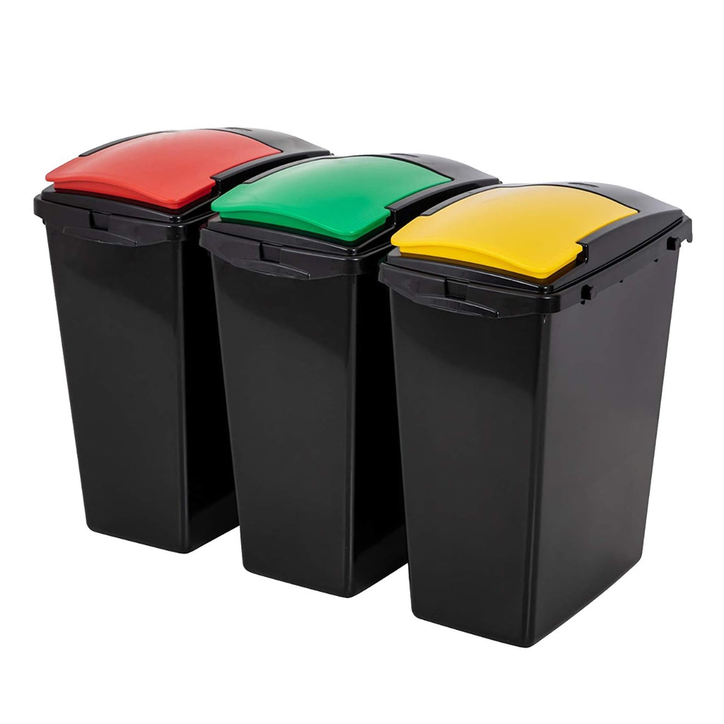 Set of three black recycling bins with red, green and yellow lids, ideal for colour-coded household or office waste separation.