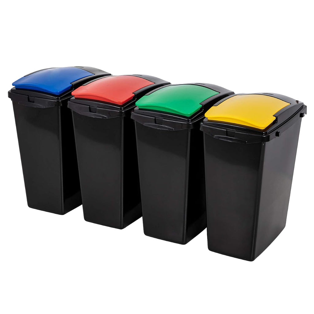 Set of four slim black recycling bins with coloured lids in blue, red, green, and yellow for easy waste separation.