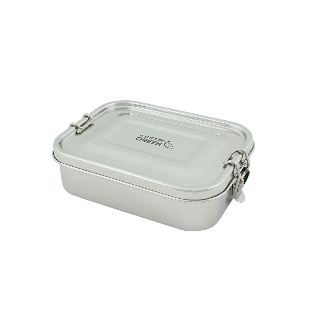 Stainless steel lunch box with secure clip locks and A Slice of Green branding, designed for reusable, eco-friendly food storage