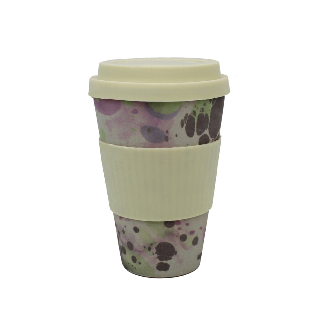 Reusable bamboo travel cup with cream lid and grip, featuring a purple and green marble design