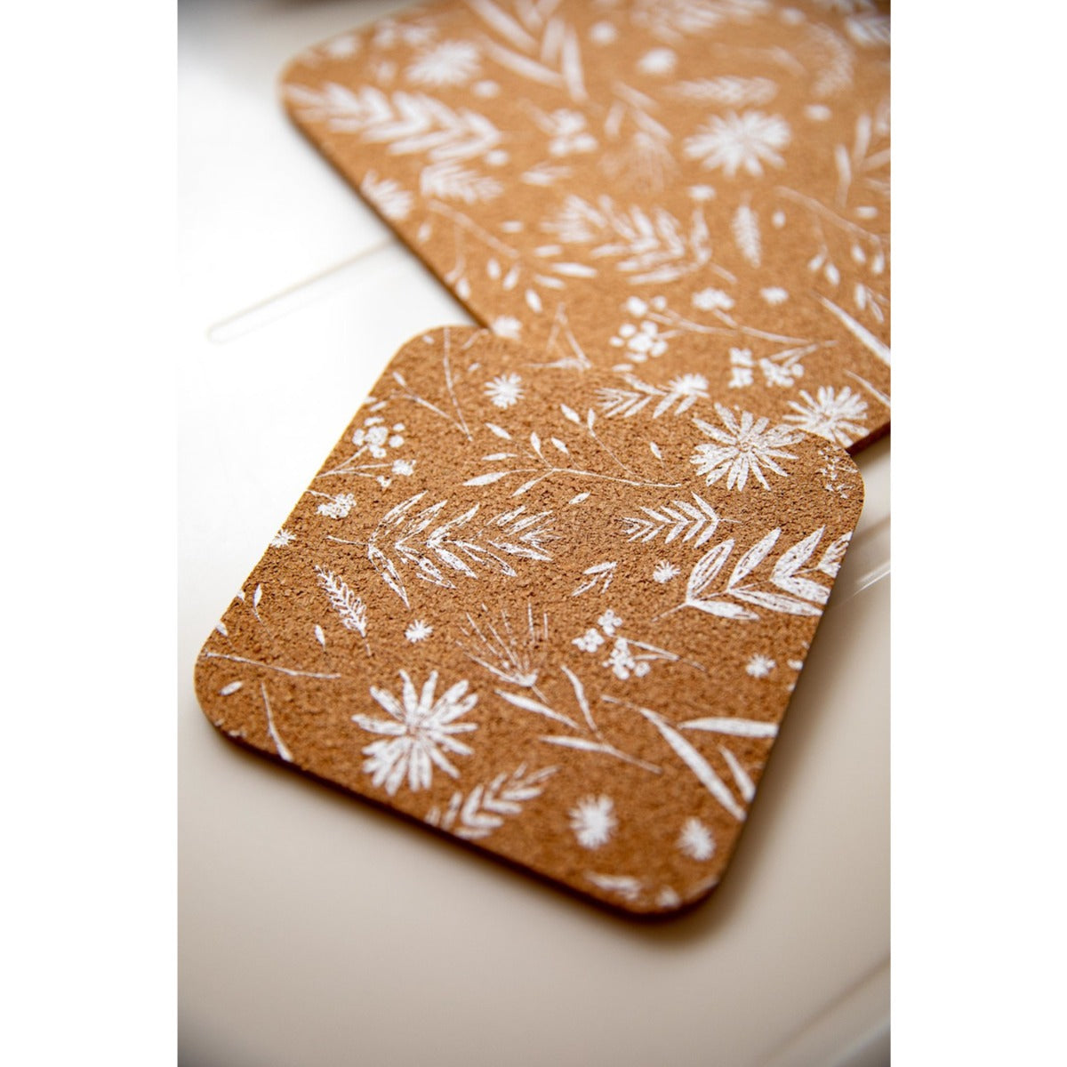 Cork Biodegrading Natural Elements Set of 4 White Floral Biodegradable Cork Coasters ...