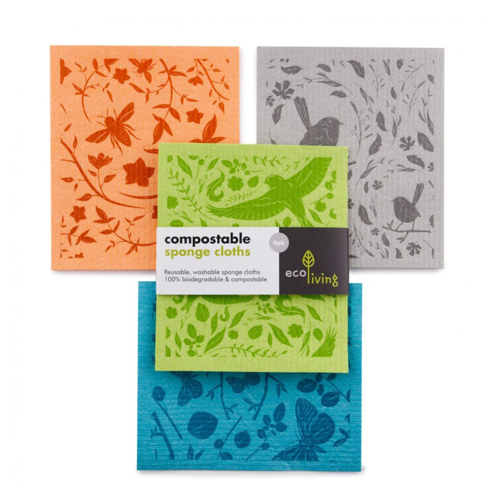  plastic free cleaning cloths in bright colours with nature inspired design