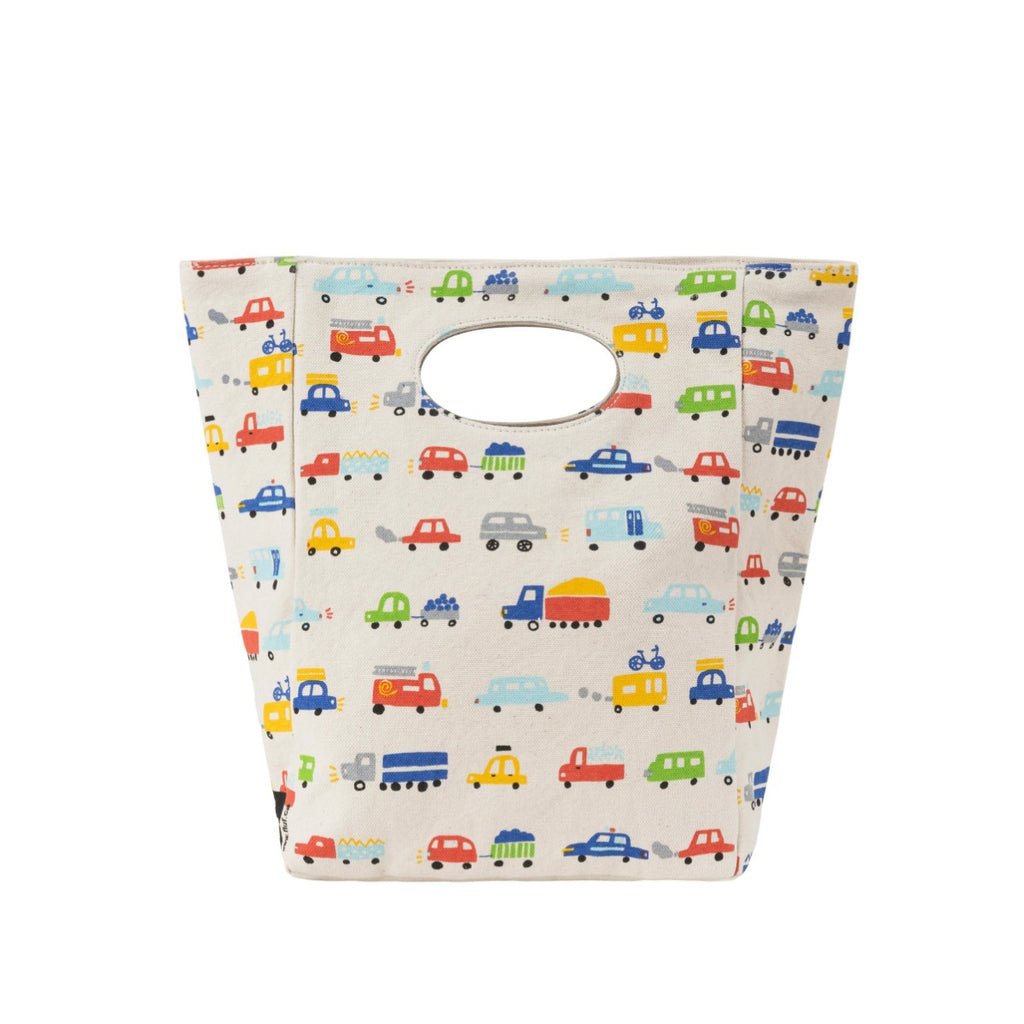 Multi-coloured, car printed lunch bag. Easily held with comfortable holes