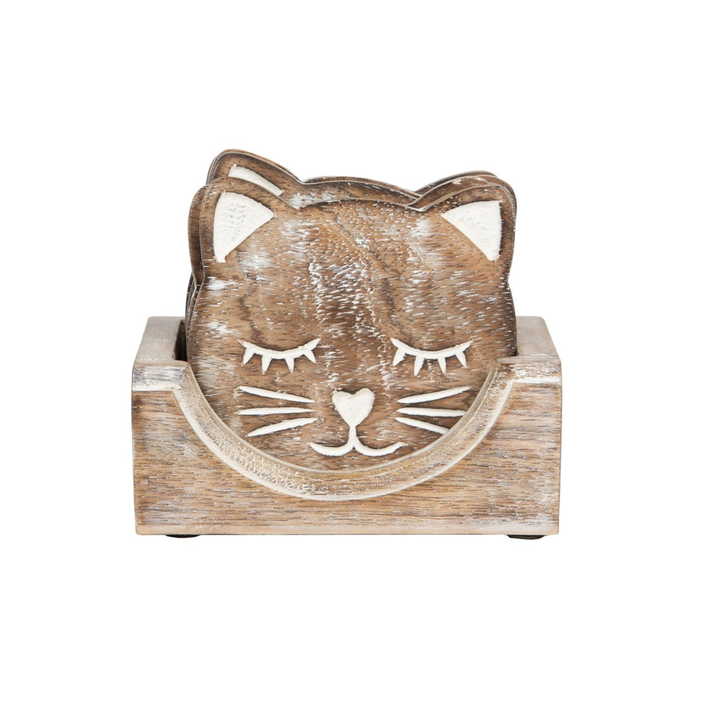 Set of wooden cat face coasters in box