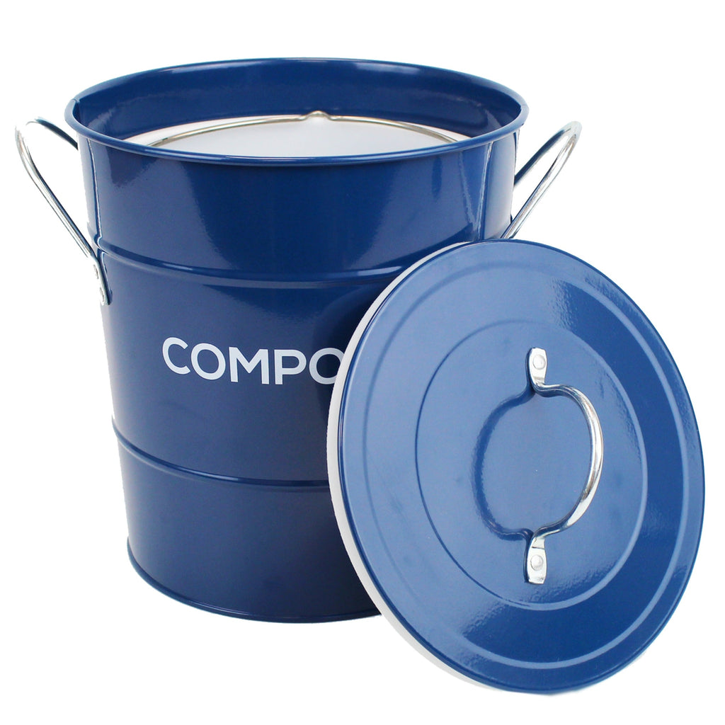 Caddy Company Metal Compost Pail - Food Waste Bin in Dark Blue - Open Lid