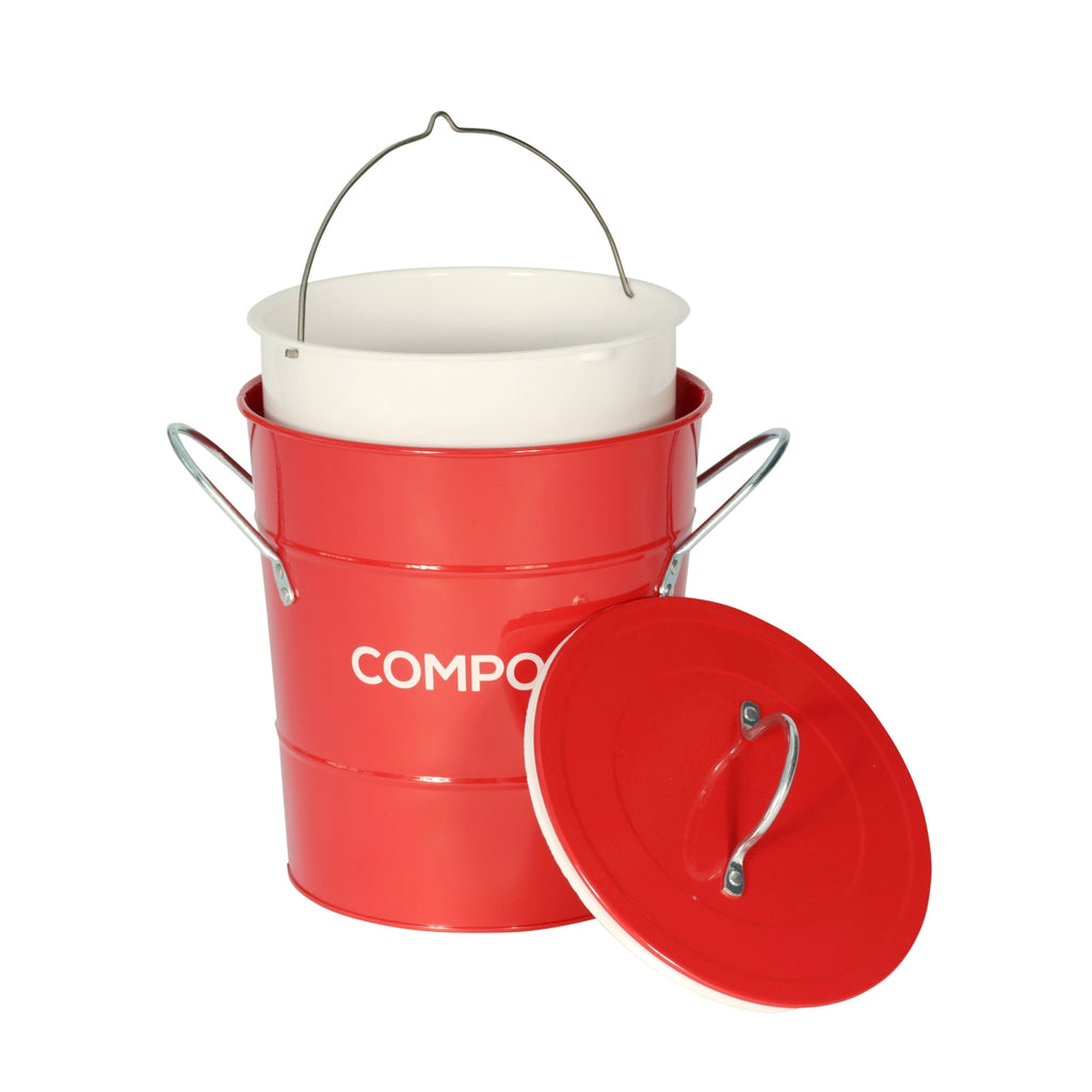 Red compost caddy with removable plastic bucket