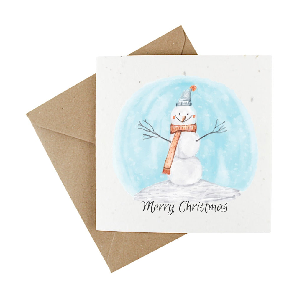 wildfower seeded paper merry christmas card with snaowman design