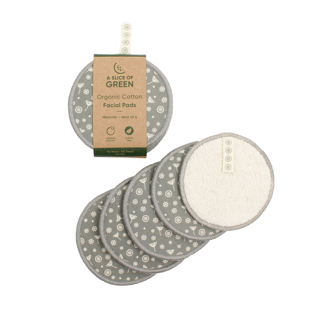 Five organic cotton facial pads with grey floral print & soft white side, wrapped in labelled A Slice of Green sleeve. 