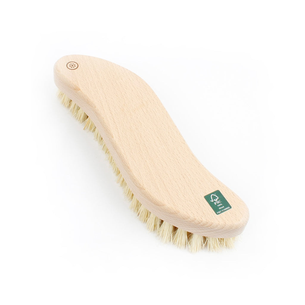 Curved wooden scrubbing brush with natural bristles and FSC-certified logo on white background