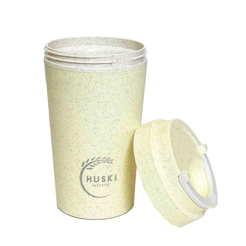 spring yellow travel mug with lid off