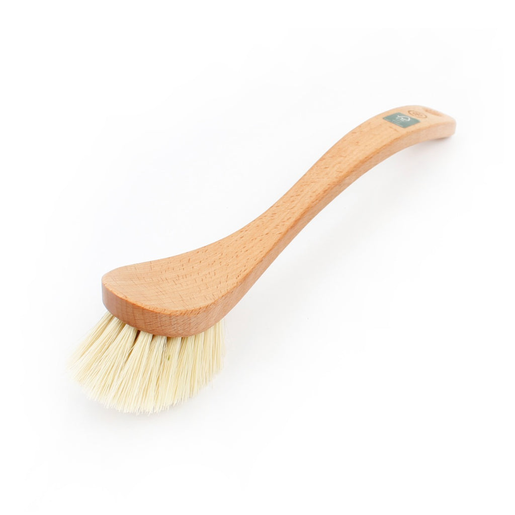 Long-handled wooden dish brush with light natural bristles and FSC certification logo on white background