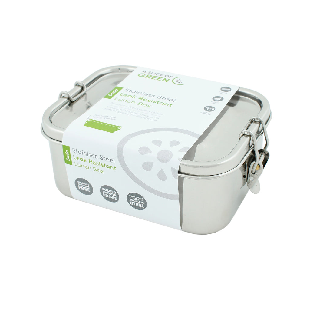Leak-resistant stainless steel lunch box by A Slice of Green, shown with packaging sleeve detailing features and brand info