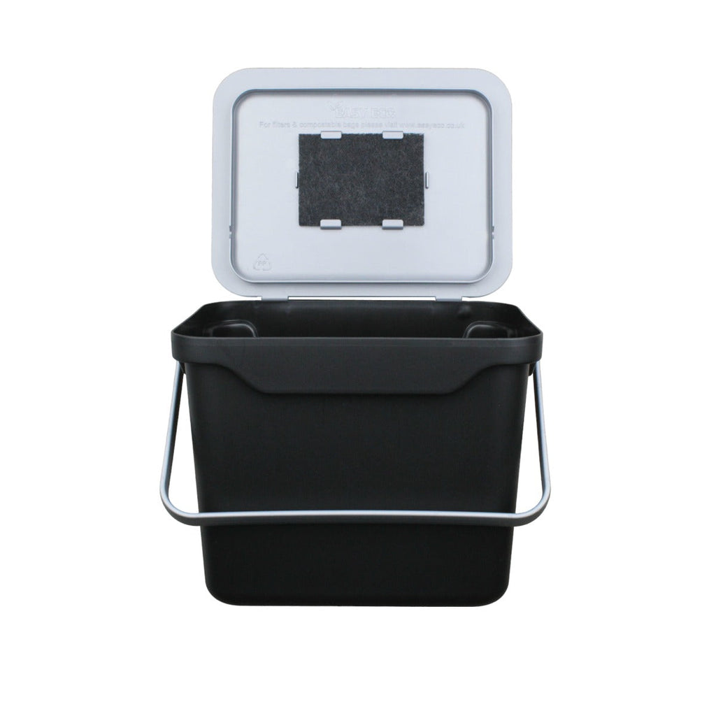 Black plastic box with silver lid and handle. Storage box for cleaning essentials or children's toys.