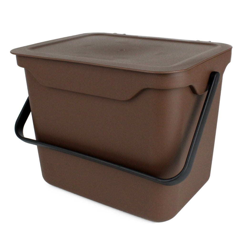 Brown plastic food waste compost caddy bin with 5 litre capacity, made from plastic in Britain. Can be wall mounted.