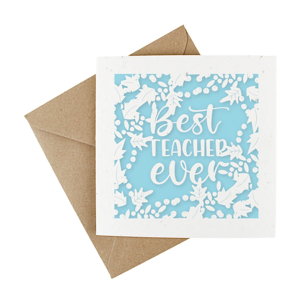 blue leaf design best teacher plantable card